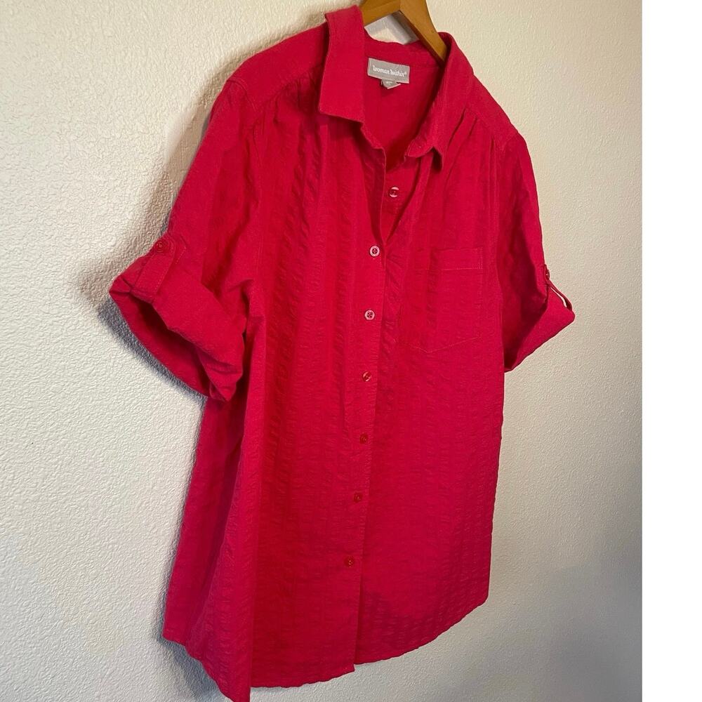 Woman Within Boho Cottage Cotton Red Textured Roll Tab Sleeves Button Up Top Lg - Picture 3 of 11